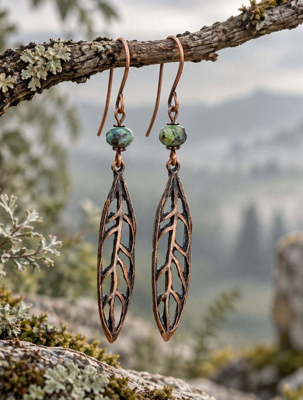 African Turquoise Jasper Copper Leaf Earrings Hand Crafted